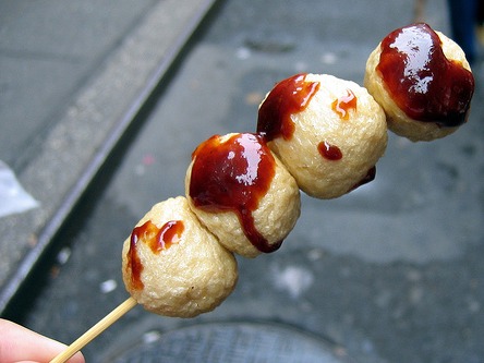 Squid balls are just like fish balls, except squid meat is used instead of fish, and they are more round in shape.