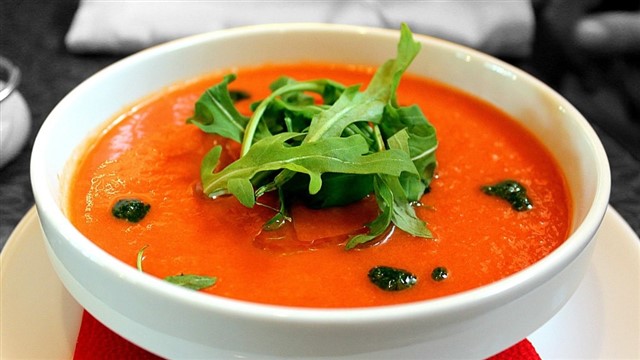 Cold tomato soup might take a bit of getting used to, but it is a great summer dish to cool you down on a roasting hot day. The dish originates in Andalusia, southern Spain and is made from tomatoes, cucumber, pepper and garlic.